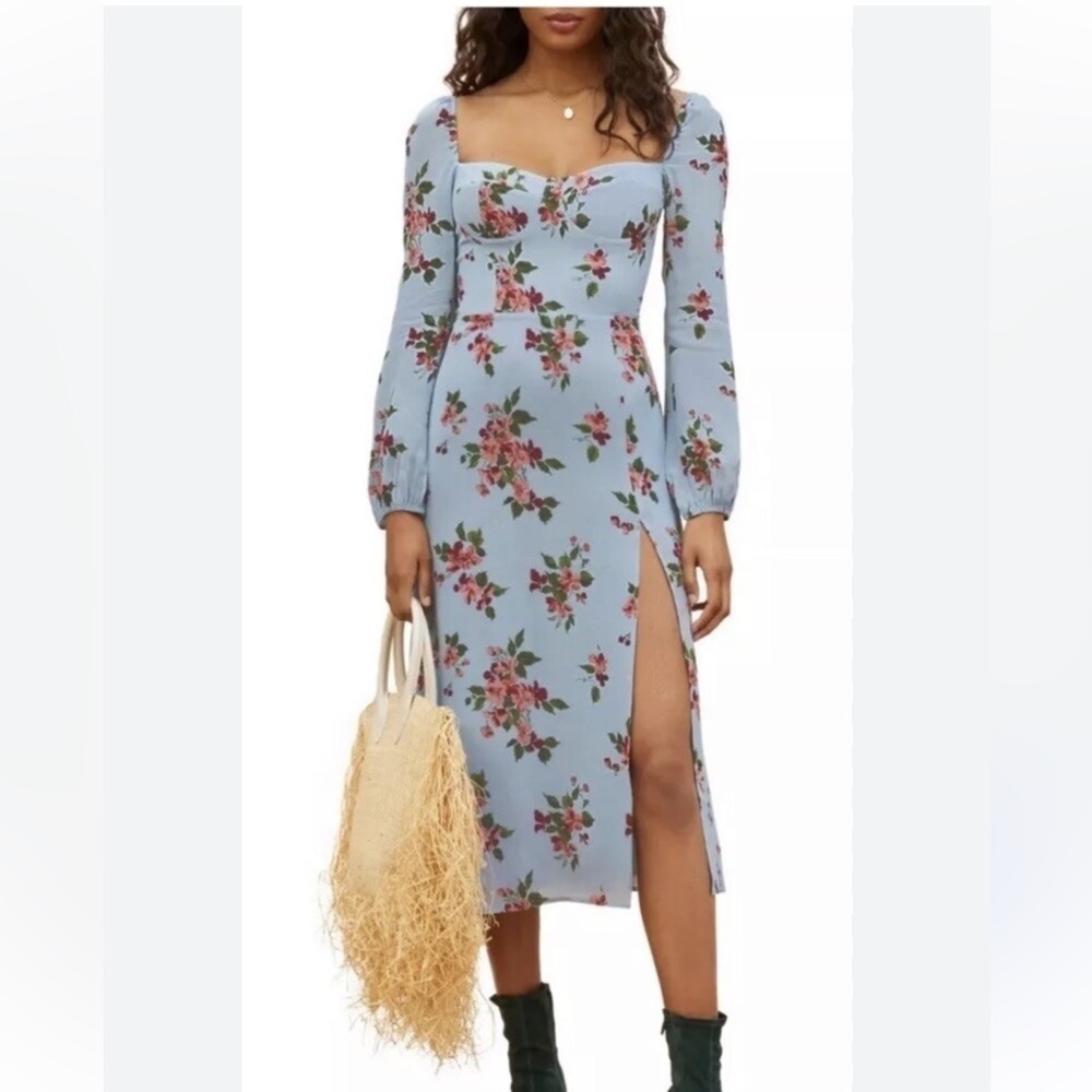 Reformation Shelby Light Blue, Gulia Floral Long Sleeve Slit Front Midi Dress 6